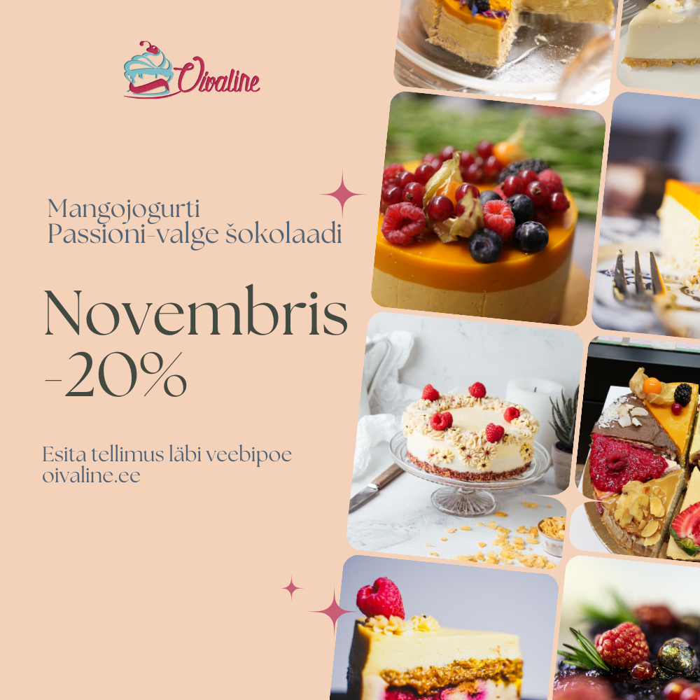 Telli läbi veebipoe www.oivaline.ee ja tule keskusesse järele!
The post Mangojogurti ja passioni-valge šokolaadi tort novembris -20%! appeared first on Mustamäe